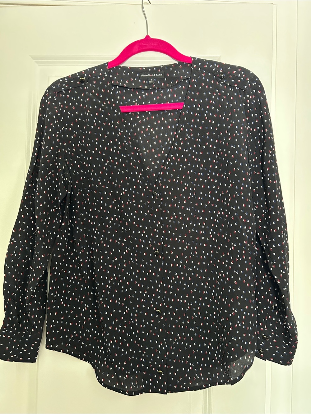 Madewell x Sezane Black V-Neck Blouse with Dot Print